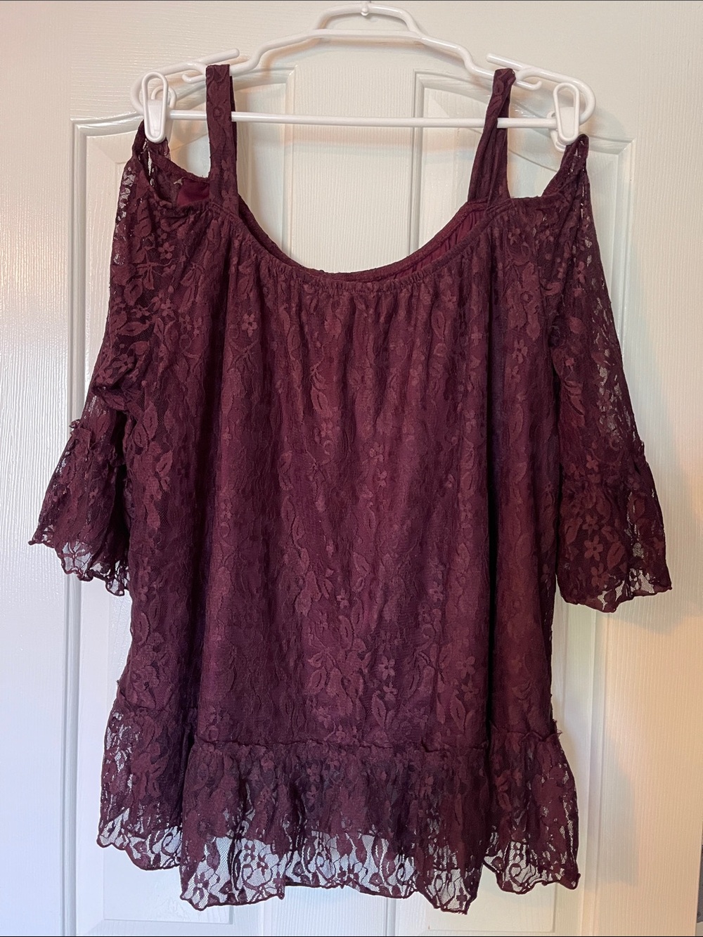 Lane Bryant Burgundy Lace Cold-Shoulder Top